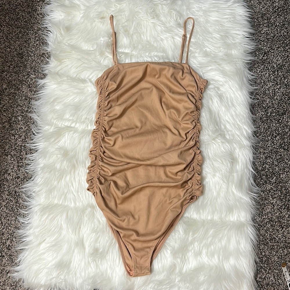 Intimately Free People On Your Side Ruched Bodysuit Ribbed Tan Size L